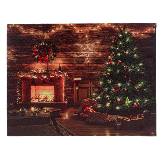 SOFFEE DESIGN 16'' x 12'' LED Christmas Canvas Prints Wall Art, Light Up Snowy Scene Picture for Holiday Decor, Battery Operated Painting Fireplace & Christmas Tree
