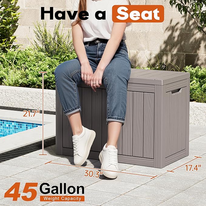 Outdoor Storage Box, Resin Deck Boxes Indoor and outdoor, Waterproof Storage Box Lockable Lid (Grey, 45 Gallon)