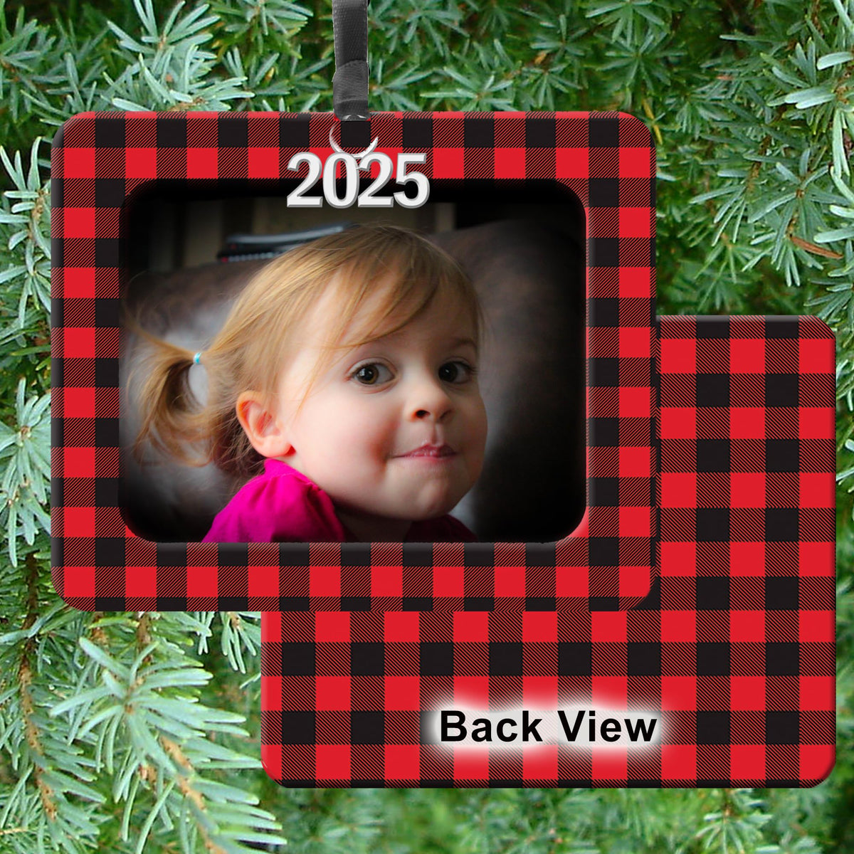 Expressly Yours! Photo Expressions 2025 Photo Ornaments for Christmas Tree, Christmas Picture Frame Ornament, Easy-Load Magnetic Frame with Ribbon, Charm & Photo Protector, Horizontal Buffalo Plaid