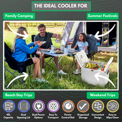 Hi-Gear 45 Litre Cooler with Integrated Handle & Wheels, 12V in Car & 240V Mains Sockets, Portable, Spacious & Wheeled 45L Electric Cool Box, Camping, Campervan, Travel, Picnics, Festivals, Grey