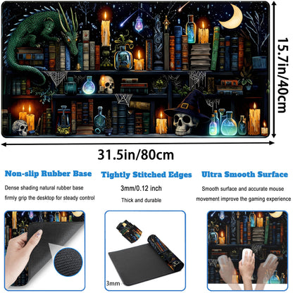 Black Desk Mat Gaming Desk Pad Large Mouse Pad, Mysterious Library Mouse Mat XXL Laptop Keyboard Pad, Vintage Gamer Mouse Pad Full Desk Mousepads Cool Office Desk Accessories 31.5"x15.7"