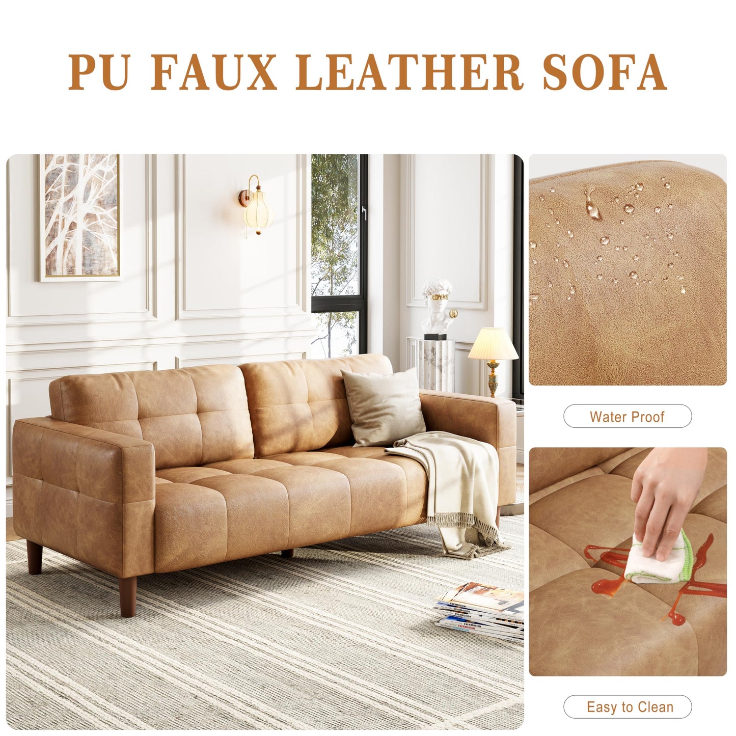 IDEALHOUSE 83” Brown Faux Leather Couch, 3 Seater Sofa Couches with 2 Removable Back Cushions for Living Room, Large Mid Century Modern Office Apartment Couch (Brown)