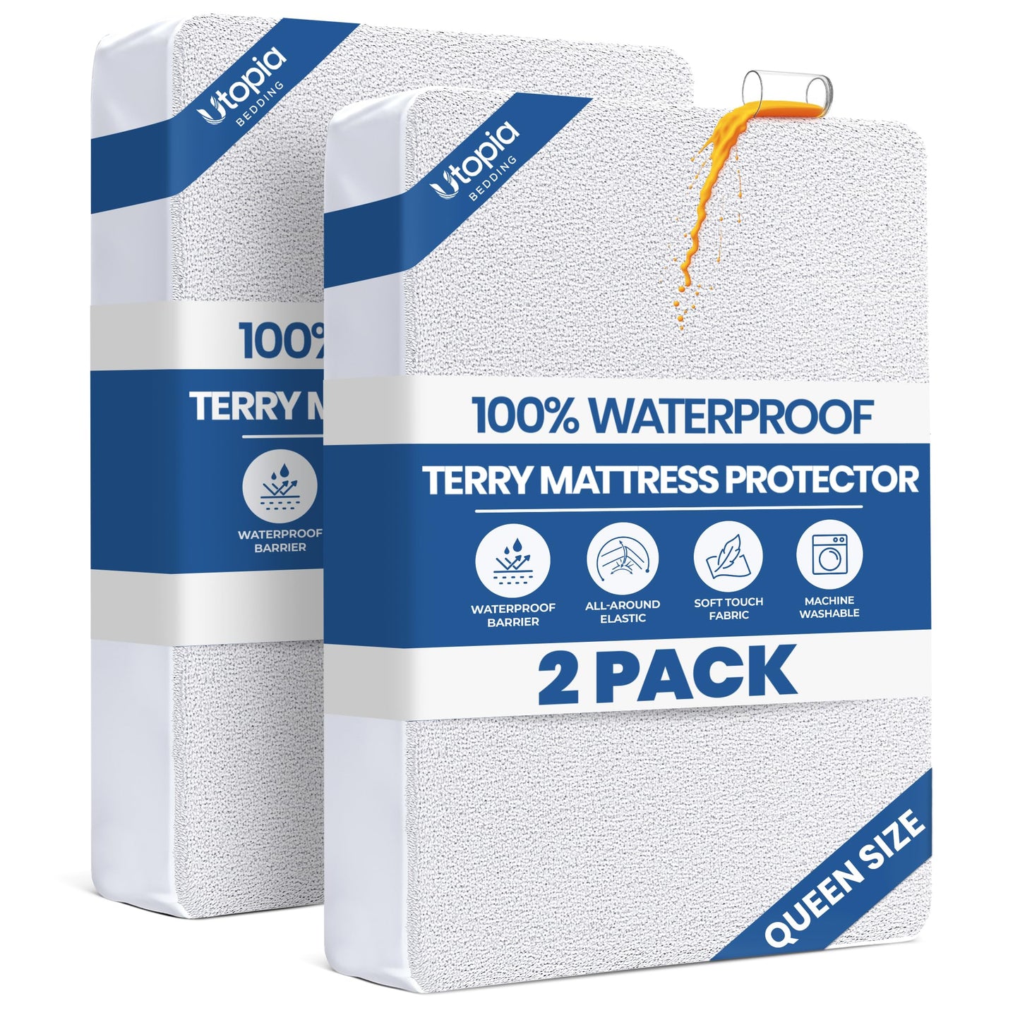 Queen Size Mattress Protector Waterproof 2 Pack, Premium 200 GSM Terry Mattress Cover, Soft & Breathable Bed Cover, Fitted Sheet Style Stretchable Deep Pockets 17" by Utopia Bedding (White)