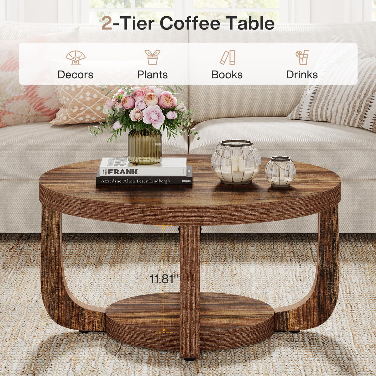 Tribesigns Round Coffee Table, 2-Tier Circle Coffee Table with Storage, Modern Wooden Accent Center Table for Living Room, Thick Tabletop & Base, Dark Brown