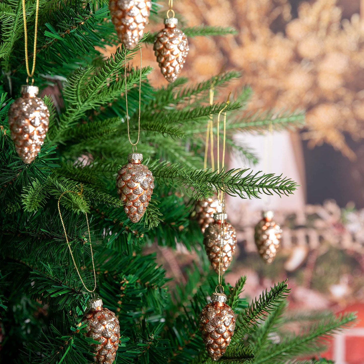 Watayo 12 Pcs Christmas Pinecone Glass Ornaments, Fall Hanging Pine Cone Painted Glass Ornaments, Glitter Pinecone Christmas Ornament for Xmas Tree DIY Crafts Fall Thanksgiving Day Decoration