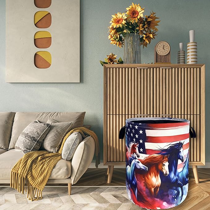 American Flag Horse Laundry Basket Patriotic Foldable Funny Laundry Hamper