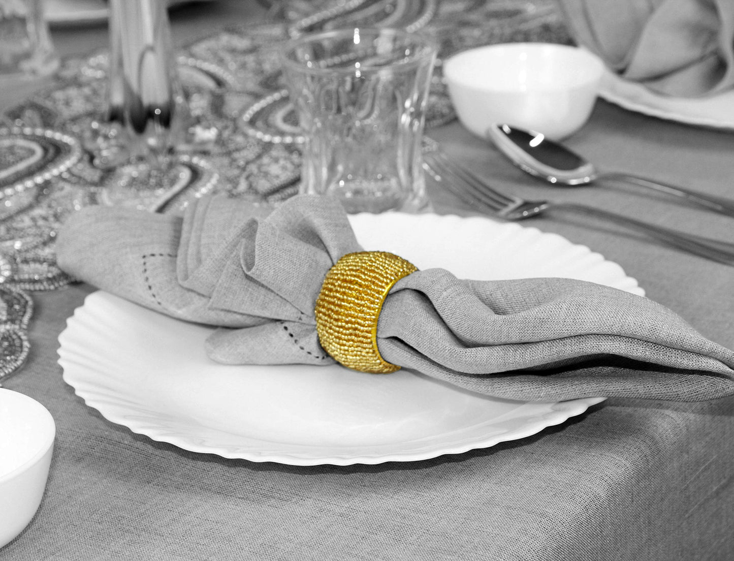 COTTON CRAFT Glitz Handmade Beaded Dining Table Napkin Rings - Set of 12 - Halloween Harvest Autumn Fall Thanksgiving Holiday Christmas Xmas Celebration Festive Party Gift Décor - Gold