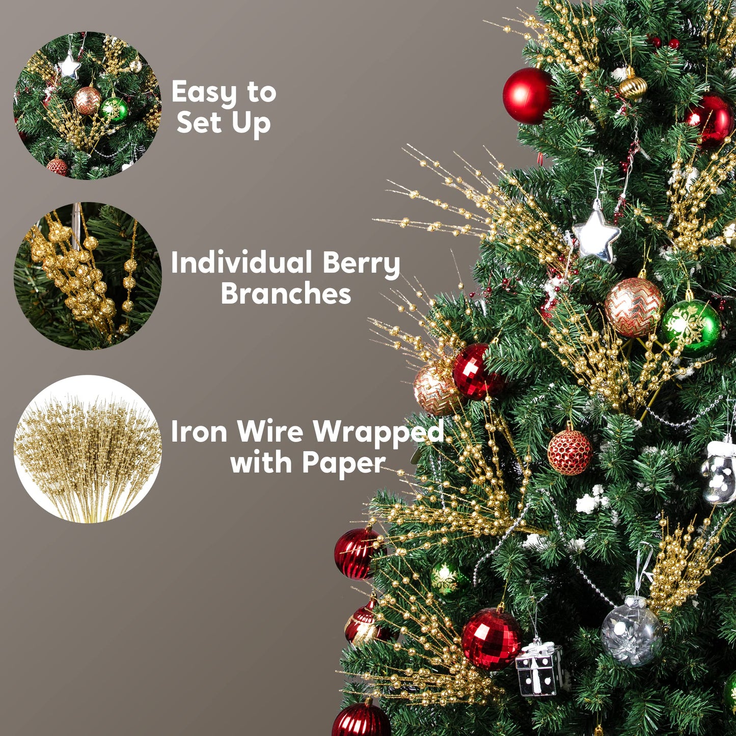 Joiedomi 24 Pcs Christmas Tree Berry Stem (Gold), Decorative Bead Sticks, Glittery Twigs, Picks, Branches for Christmas Tree, Small Vase, Holiday, Wedding, Party (17 Inches, Gold)