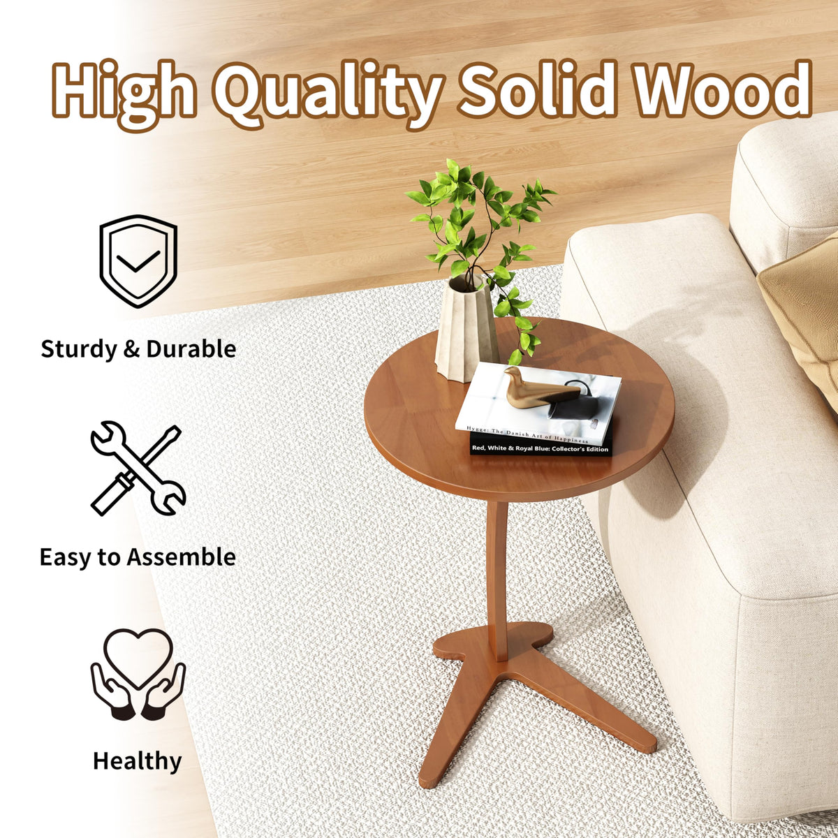 FIDOOM C Shaped End Table, Small Round Side Table for Couch, Slide Under Sofa Tray Desk for Living Room Bedroom, Solid Wood TV Tray Table for Narrow Space (15” Chestnut)