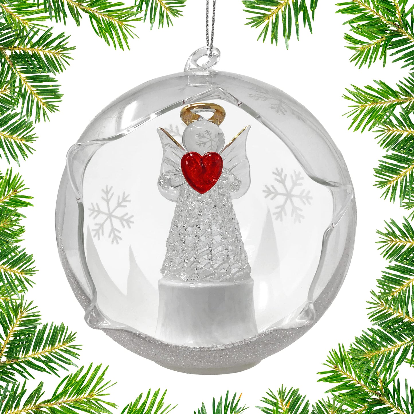 Angel with Red Heart Lighted Christmas Ball Ornaments - Hand Painted Glittery Snowflakes - Color Changing - 4 Hour Timer - 4" Diameter