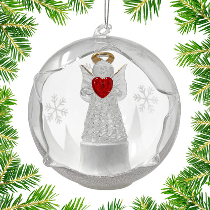 Angel with Red Heart Lighted Christmas Ball Ornaments - Hand Painted Glittery Snowflakes - Color Changing - 4 Hour Timer - 4" Diameter