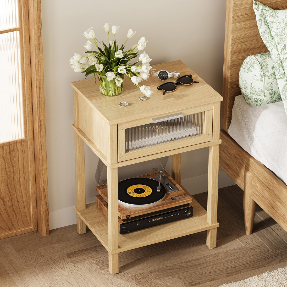 Nightstand Wooden Bedside Table with Drawer Natural Wood Night Stands Modern Style Small End Table Side Table with Storage Shelf for Bedroom Living Room MLBZ10YEV