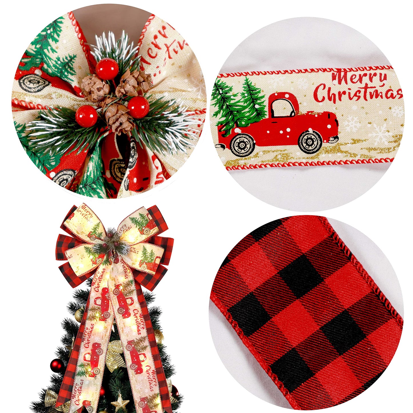 Christmas Tree Topper Bow with 30 LED Lights Decorations, 13”x25” Xmas Large Red Black Buffalo Plaid Rustic Farmhouse Wreath Bows with Truck Berries Pine Cones Pine Needles for Front Door Outdoor