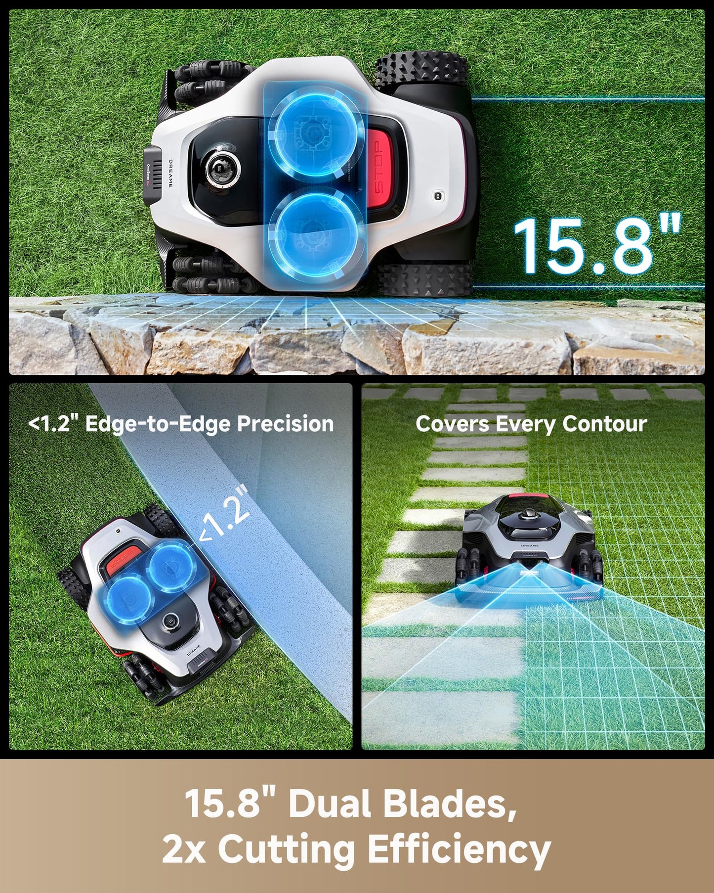 DREAME LiDAR 2500 Robot Lawn Mower A3 AWD Pro Wire Free No RTK, 4WD for 38.7° Slopes, Dual AI Vision Robotic Lawn Mowers,Dual-Disc Cutting 15.8" Width, Smart Zero-Edge, App Control for 0.62 Acre