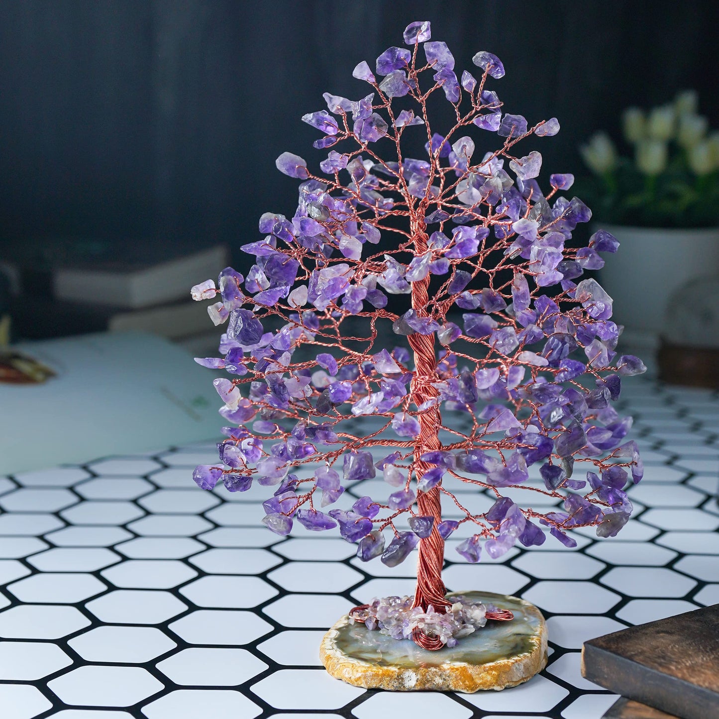 Crocon® Amethyst Crystal Wire Tree with Agate Slice Base - Home Decoration, Crystal Gifts, Birthday Gifts for Women & Men, Wedding, Anniversary, House Warming Gift for Her, Mum, Sister & Grandma