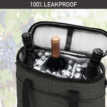 opux 3 Bottle Wine Carrier Tote, Insulated Leakproof Wine Cooler Bag, Wine Travel Bag for Picnic BYOB Beach, Portable Wine Bottle Carrying Case, Gift for Wine Lover Women Men Christmas, Charcoal Grey