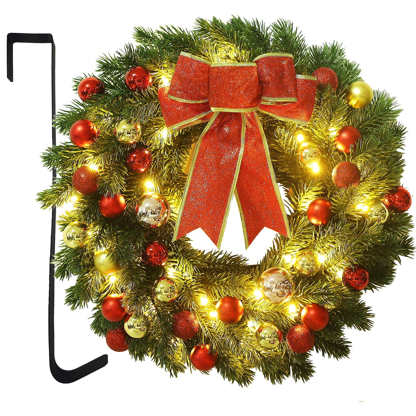 Lulu Home 16 Inch Pre-lit Christmas Wreath with Hook, Battery Operated Christmas Wreath Decorative Christmas Balls Hanging Ornament, Artificial Door Wreath 40 Clear LED Lights