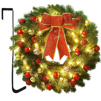 Lulu Home 16 Inch Pre-lit Christmas Wreath with Hook, Battery Operated Christmas Wreath Decorative Christmas Balls Hanging Ornament, Artificial Door Wreath 40 Clear LED Lights