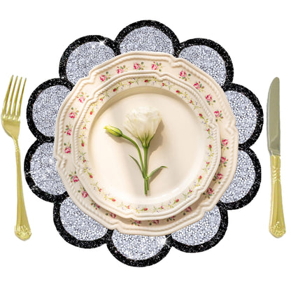 Washable Waterproof Diamond Circle Placemats for Round Tablescape Decor for Dinner and Kitchen Bling Placemats for Weddings & Special Events -2 PCS (Silver and Black)