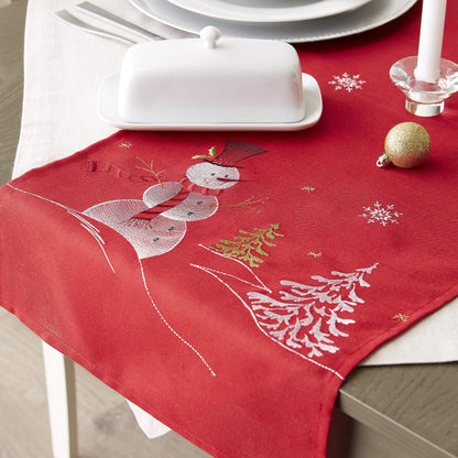 DII Embroidered Holiday Table Décor Collection Christmas Kitchen, Snowman Table Runner, 14x70, Red