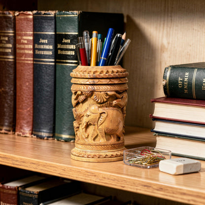 Craft Trade Hand Carved Wooden Pen Holder Desk Organizer, Elephant Design Pencil Holder Cup for Office Home School, Wooden Stationery Storage Box, Desk Decor, Camel Brown