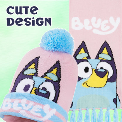 Bluey Girls Winter Accessories Set Cosy Warm Knit Hat Scarf & Kids Gloves or Beanie & Gloves School Travel, Kids Gifts (Pink Bluey 3 Pcs, 3-9 Years)