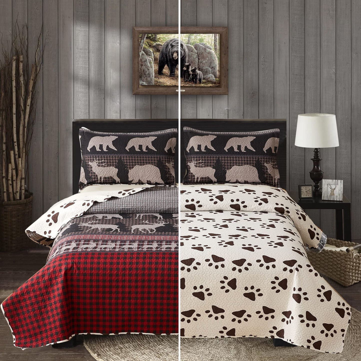 Queen Size Quilt Set Lodge Rustic Quilt Bedding Set Queen Size Bedspread Coverlet Lightweight Reversible Home Quilt Red Black Buffalo Plaid Quilt Bed Spread Country Cabin Forest Moose Bear Bedding