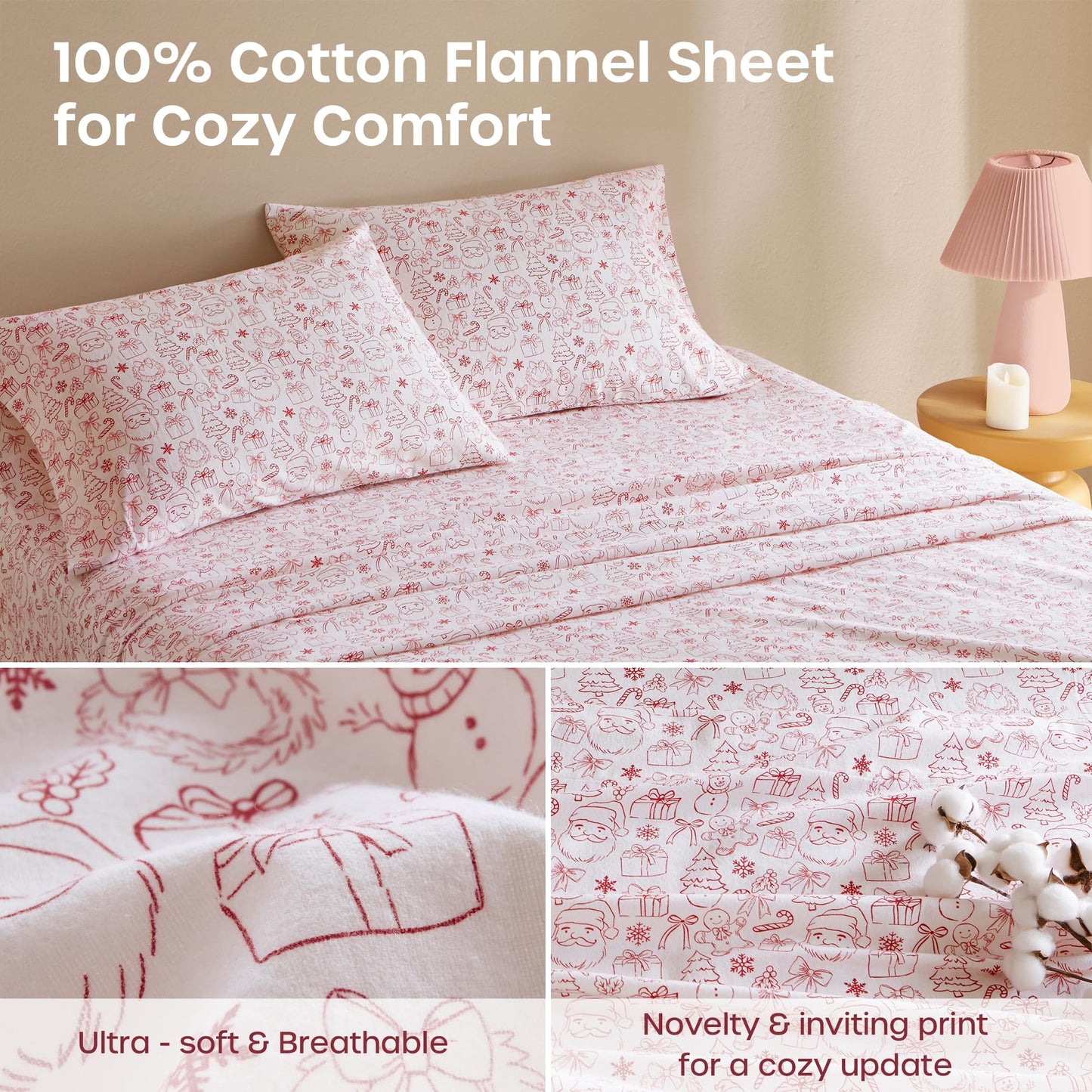 Intelligent Design Flannel Sheets Full, Cozy Soft 100% Cotton Flannel Bedding, Printed Warm Full Sheets Set, Ultra Soft Cold Weather Bed Sheet Set, Holiday Doodles, 4 Piece