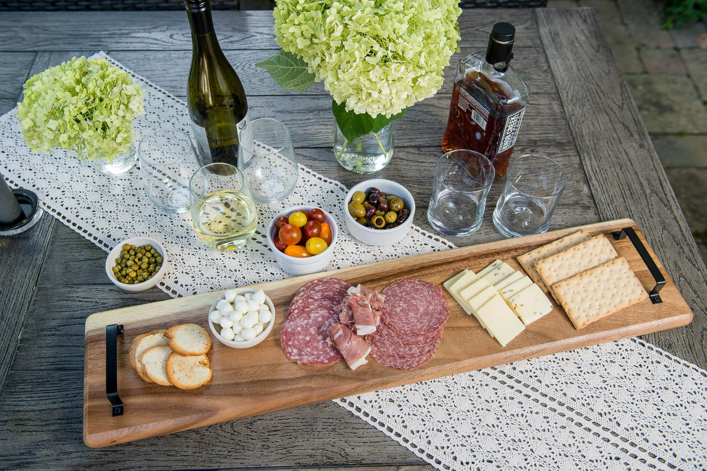 Lipper International 2031 Acacia Wood Serve Board with Black Handles for Cheese, Crackers, and Charcuterie, Rectangular 30" x 7" x 1"
