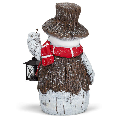 Mark Feldstein & Associates Woodsy Snowman with Lantern LED Light Up 17 Inch Resin Stone Door Greeter Figurine