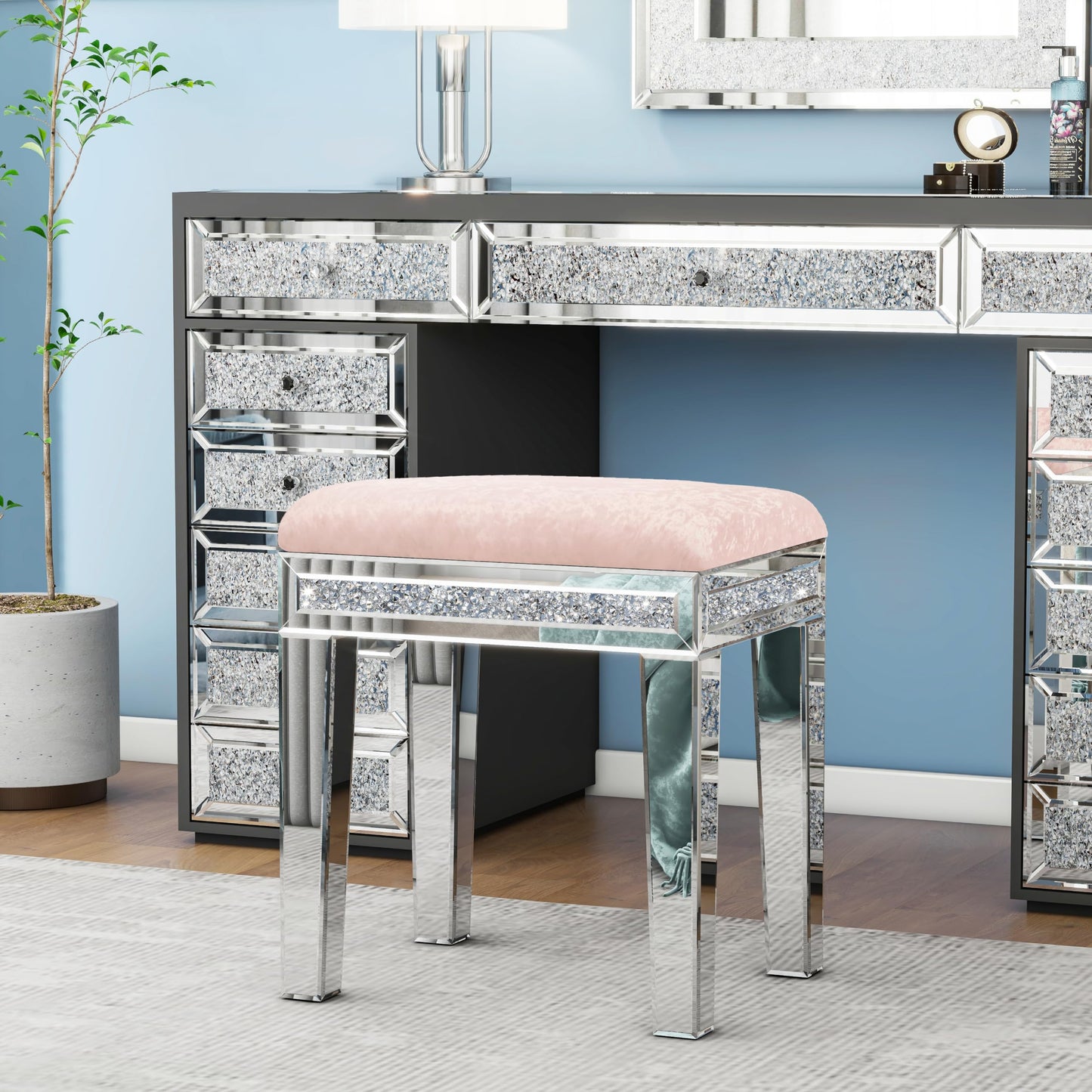 blingworld Mirrored Vanity Stool with Crushed Diamond Inlay Velvet Cushion 19.7'' Tall Stylish Makeup Chair for Bedroom, Vanity Chair, Ottoman for Living Room