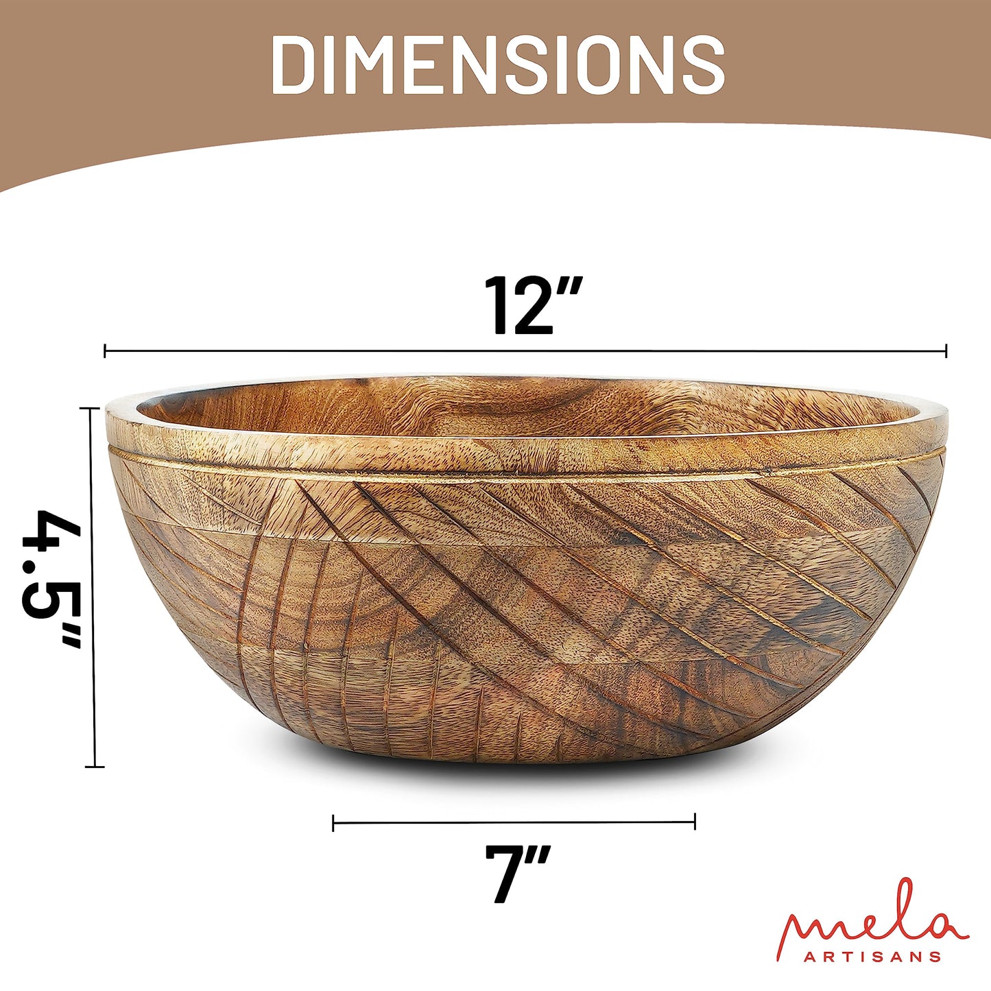 Mela Artisans 12 in Wide x 4.5 in Tall Jai Valley Mango Wood Bowl with Felt Pads – Hand-Carved Decorative Serving and Fruit Bowl with Light Burnt Finish for Kitchen Counter, Salad, Snacks and Bread