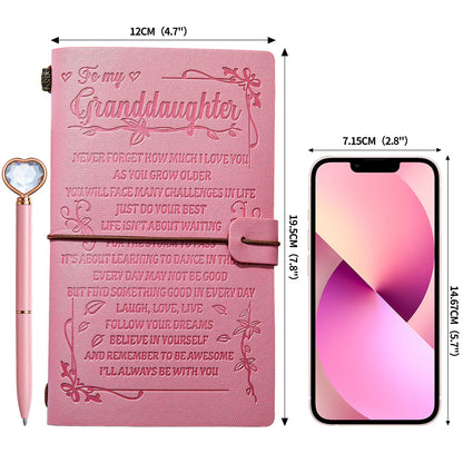 To My Granddaughter’s Gift Pink Leather Journal+Heart Diamond Pen Set ,Engraved Notebook Writing Journal,Refillable Notepads,Travel Diary Graduation Back to School,Christmas,Birthday Gifts for