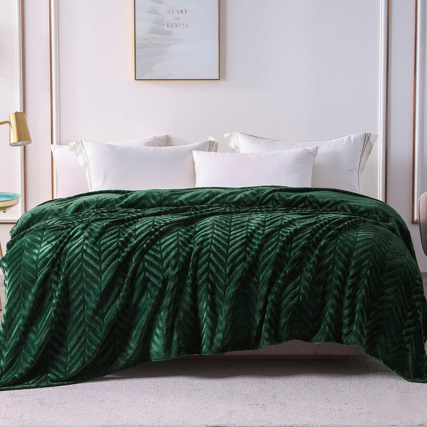 Whale Flotilla Flannel Fleece King Size Bed Blanket, Lightweight Breathable Soft Bedspread Plush Fluffy Coverlet Chevron Design Decorative Blanket for All Season, 90x104 Inch, Emerald Green