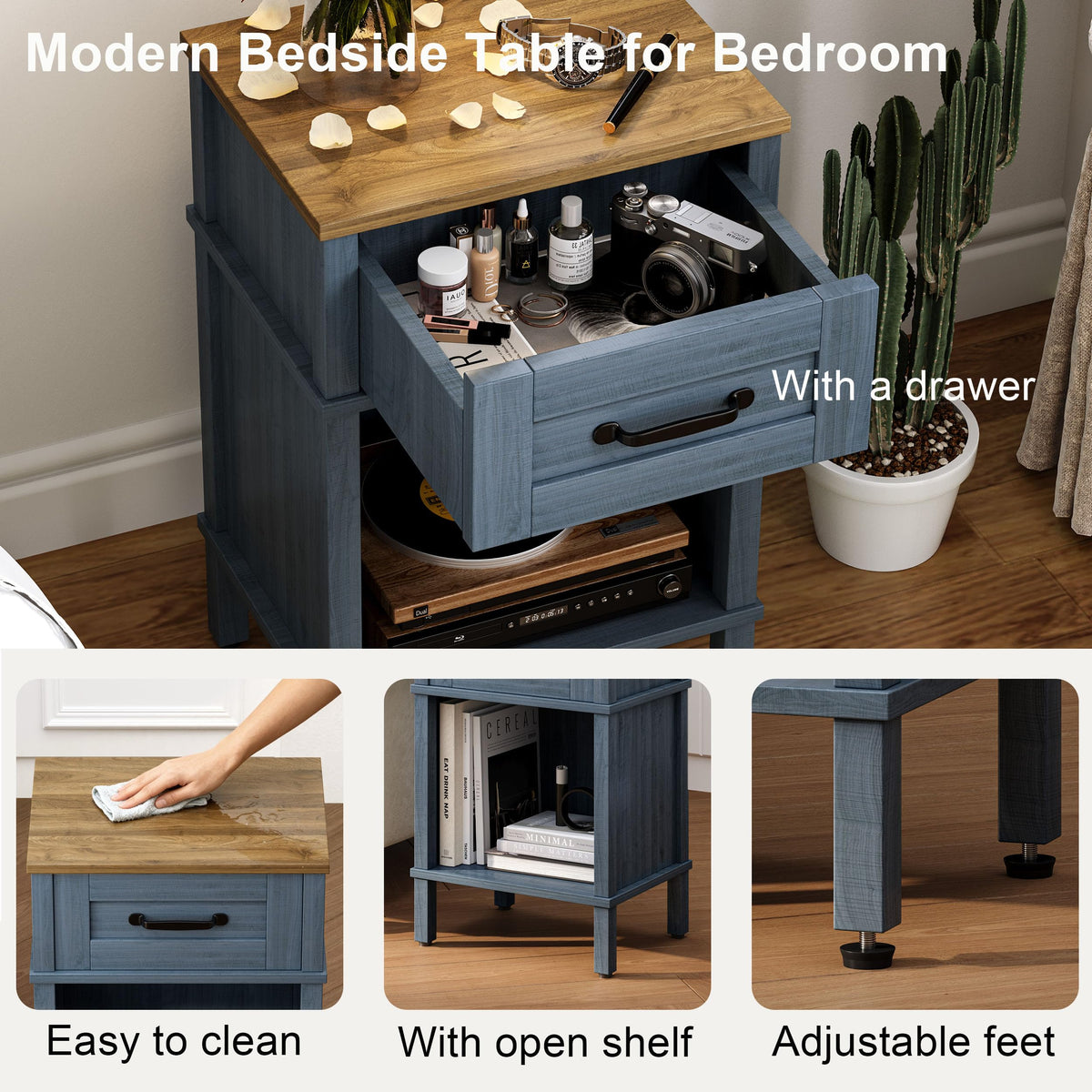 YAUKTAK Small Farmhouse Nightstand, Wood Night Stand Set, End Table with Drawer, Small Rustic Wooden Bedside Table, Bed Side Table for Bedroom, Blue end Table with Storage for Bedroom LET512LR