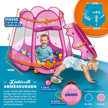 KIDUKU® Childs Play Tent Pop-Up + 100 Balls + Carrying bag Play house Ball pool Castle for Indoor and Outdoor use 3 In 1 Playground for Children Baby Kids (Pink)