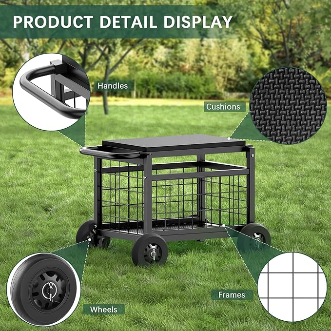 FLINTER Rolling Garden Work Seat with Wheels, Heavy Duty Garden Cart with Seat - Metal Rolling Garden Stool, Upgraded Gardening Cart for Seniors, Outdoor Wagon for Lawn, Patio Gardening, Black