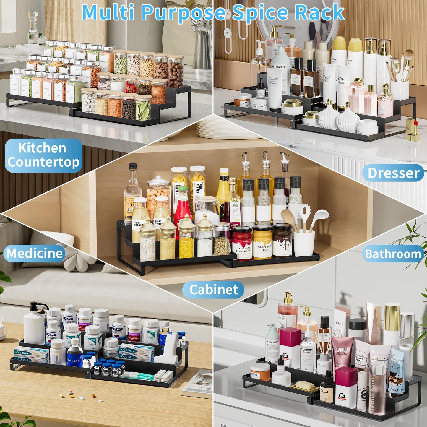 BOIVSHI Spice Rack Organizer for Cabinet, Expandable 3 - Tiered Spice Rack, Metal Spice Organizer, Spice Shelf Organizer for Cabinet, Countertop, Pantry, Cupboard, Black