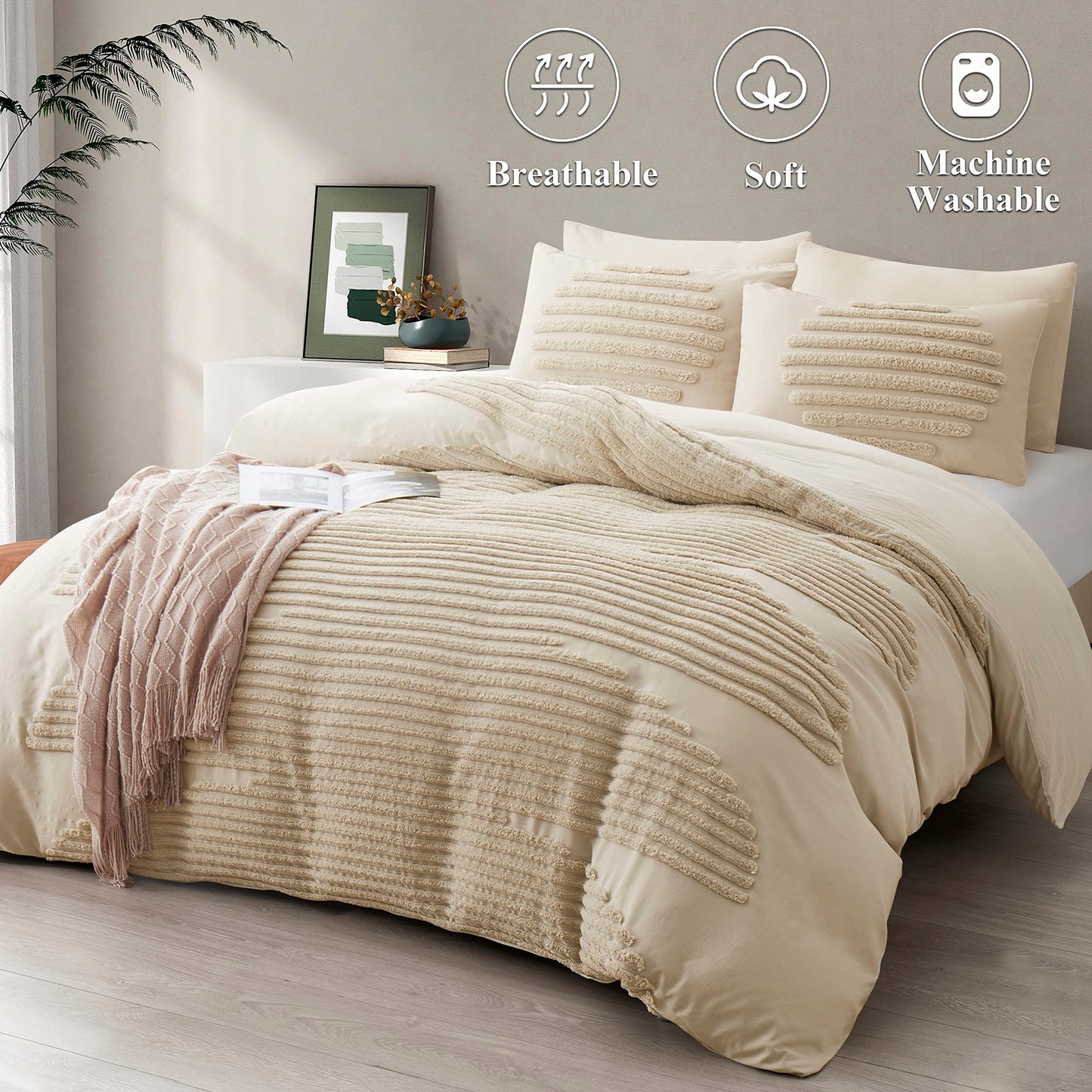 BEDAZZLED Queen Size Duvet Cover, 5 Pieces Beige Textured Duvet Cover Sets, Soft and Breathable Boho Tufted Bedding Comforter Cover Set for Gifts, Comforter Not Included (Beige, Queen)