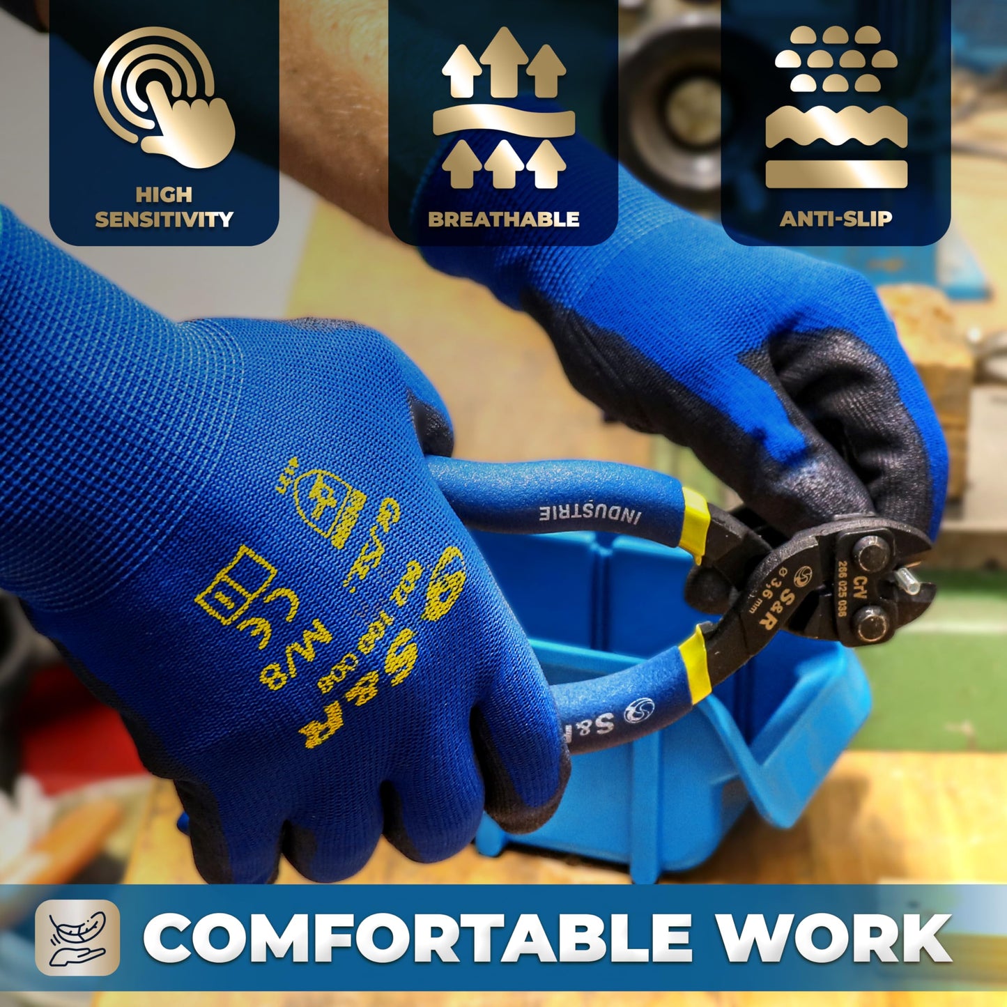S&R Work Gloves – 12 Pairs, Nylon with PU Coating, Size XL/10 – Protective Gloves for Private & Commercial Use