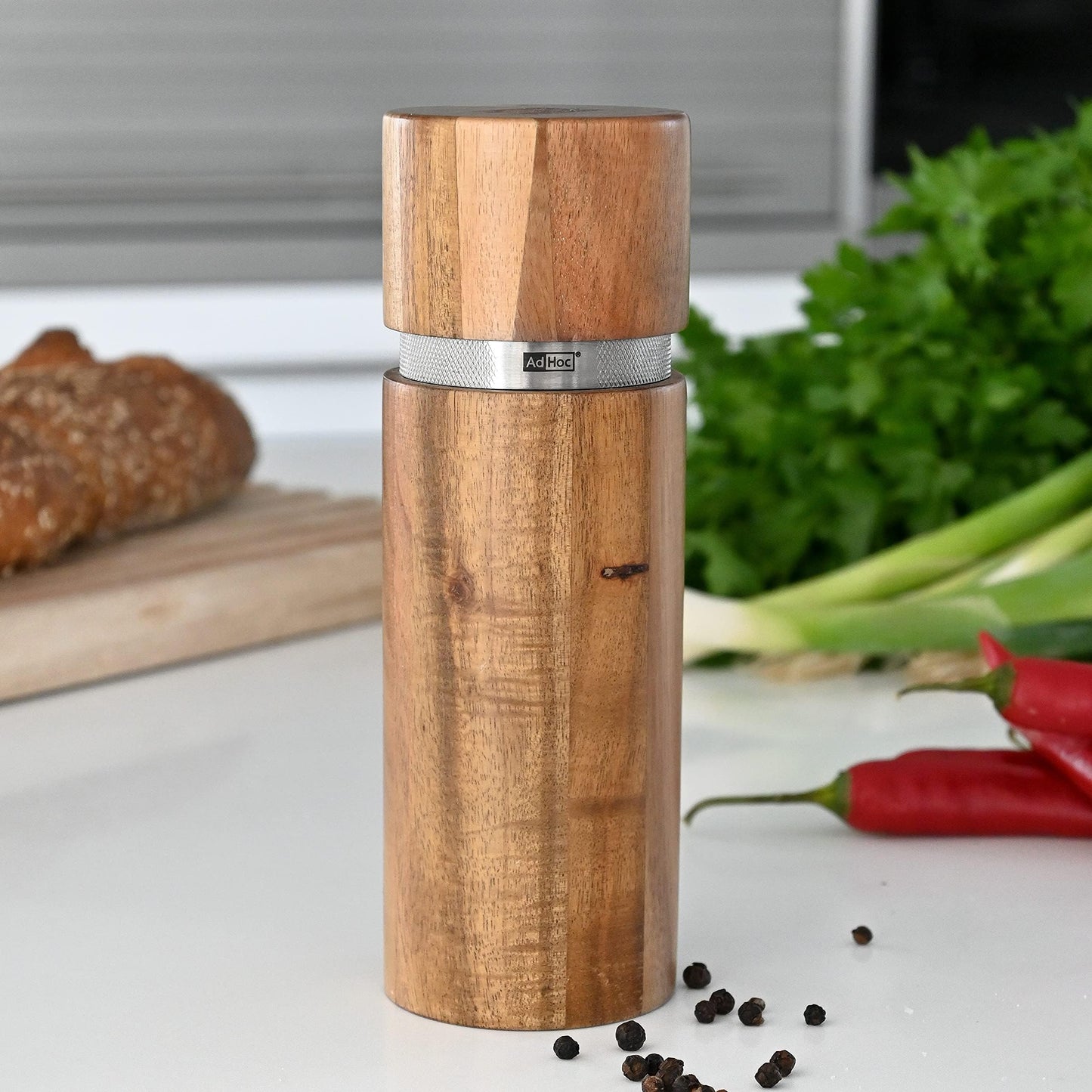 AdHoc Profi Pepper or Salt Mill - Seasoning Mill with Ceramic Grinding Mechanism - Salt & Pepper Grinder with Adjustable Settings - Stainless Steel & Wood