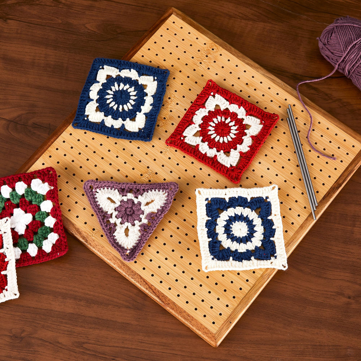 11.8" Crochet Blocking Board with 20 Pegs Pins, Granny Square Blocking Board for Crochet Projects, Bamboo Blocking Boards for Crocheting and Knitting, Wooden Gifts for Crocheter