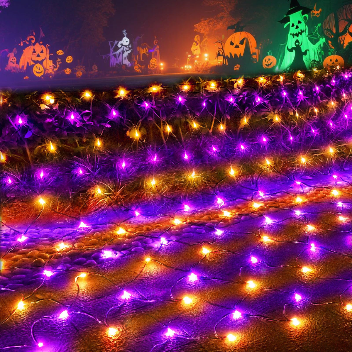 Halloween Net Lights Outdoor Decoration, 14.8x4.9 ft 300LED Orange Purple Halloween Lights 8 Modes Connectable Twinkle Fairy Mesh Light for Bushes Tree Party Yard Garden Decoration