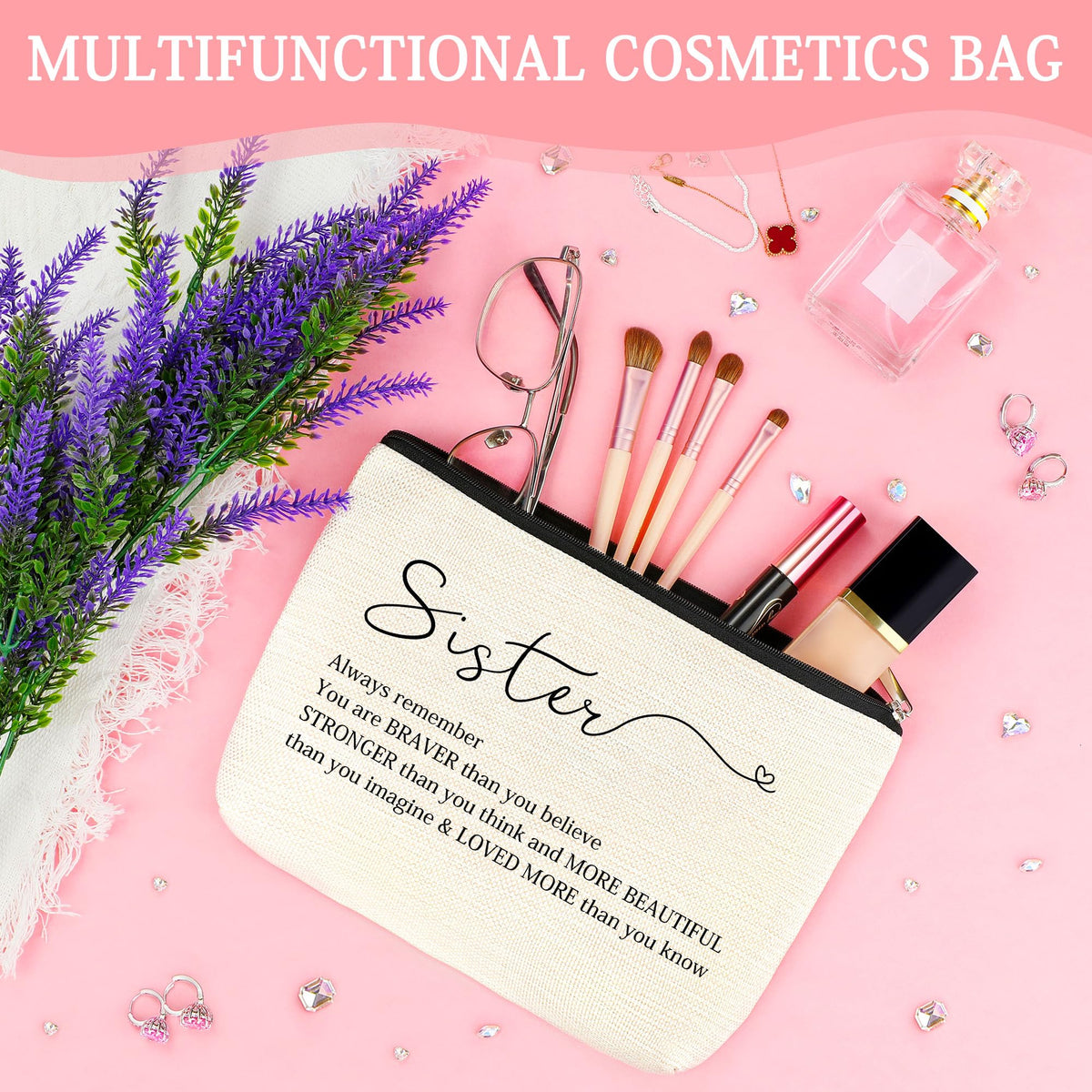 Sister Gifts from Sisters Birthday Gifts for Sisters Adult Best Sister Ever Gift Ideas for Women Cool Presents Set with Funny Glass Cup, Unique Makeup Bag, Scented Candle, Bracelet, Keychain, Card
