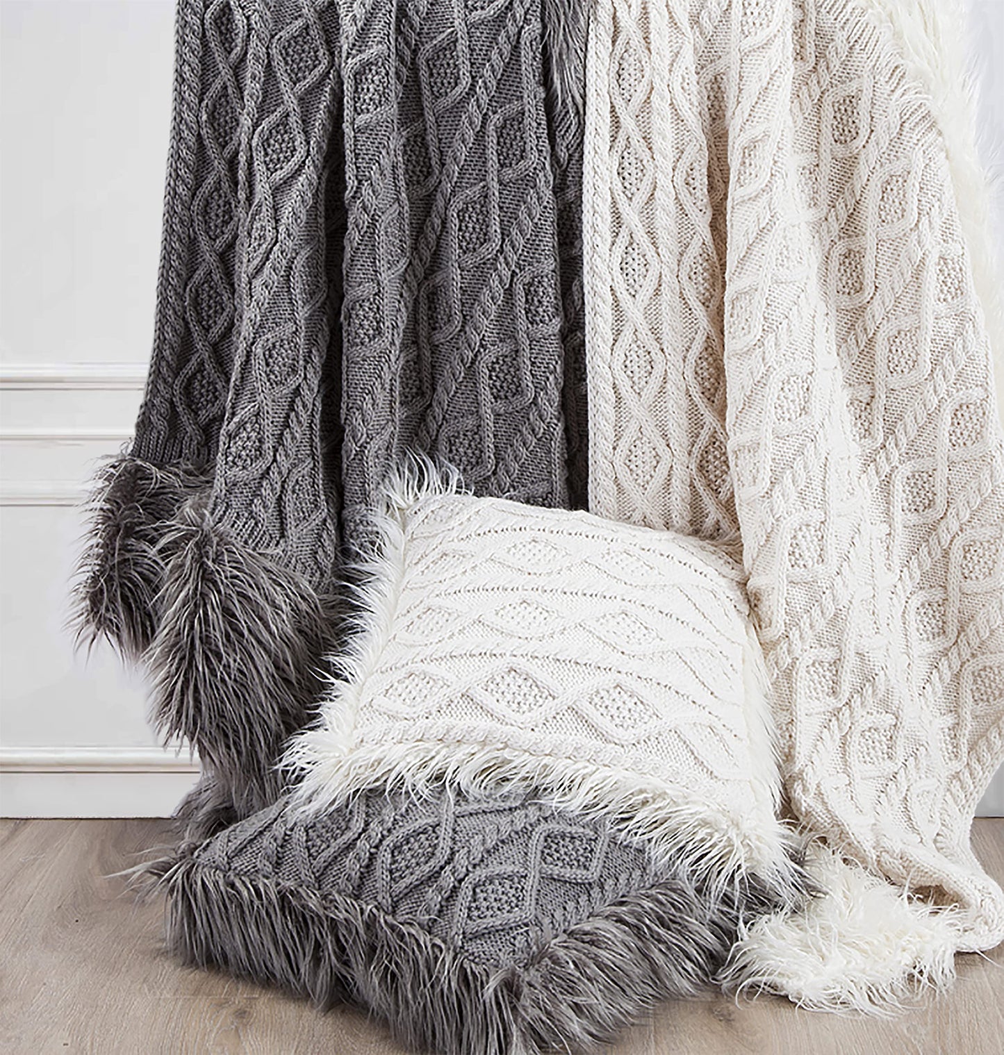 HiEnd Accents Nordic Cable Knit and Faux Mongolian Fur Wool Throw, 50x80 inch, Gray Solid Color, Sweater Style, Diamond Pattern, Soft Cozy Warm Luxury Blanket