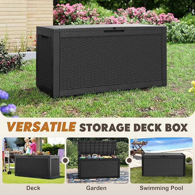 Outdoor Storage Box, Resin Deck Boxes Indoor and outdoor, Waterproof Storage Box Lockable Lid (Black, 110 Gallon)