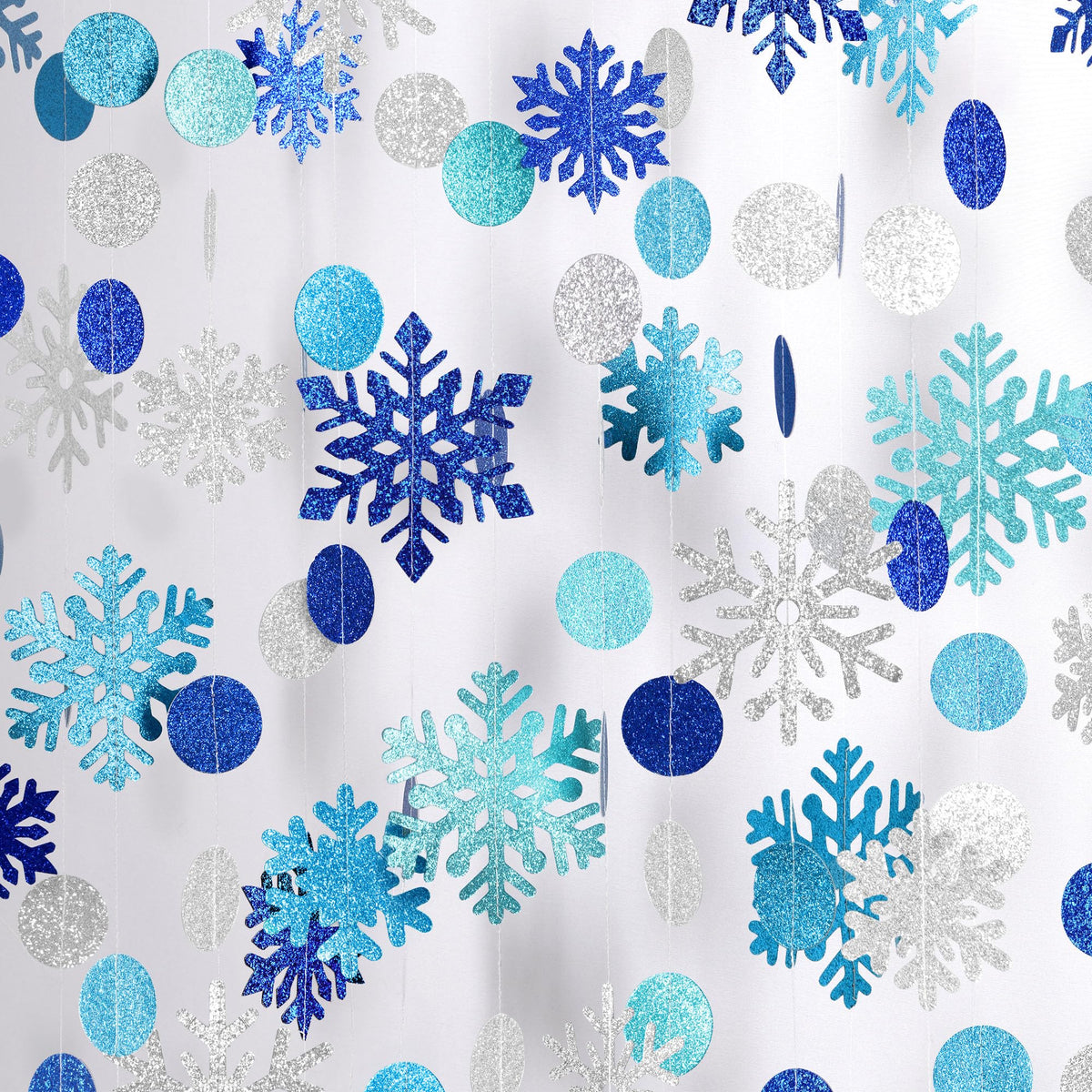 Kriyokiaa 8 PCS Blue Snowflake Garland Set, Double-Sided Glitter Winter Wonderland Hanging Decorations for Baby Shower, Birthday, Holiday Party Backdrop, Navy & Silver Paper Circle Snowflake Strings