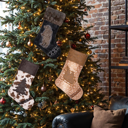 LUBOT 2025 Christmas Stockings Set of 6, Western Cowboy 20" Rustic Farmhouse Fireplace Hanging Décor Neutral Embossed Leather & Plush Faux Fur with Tassel Accents Large Family Xmas Stockings