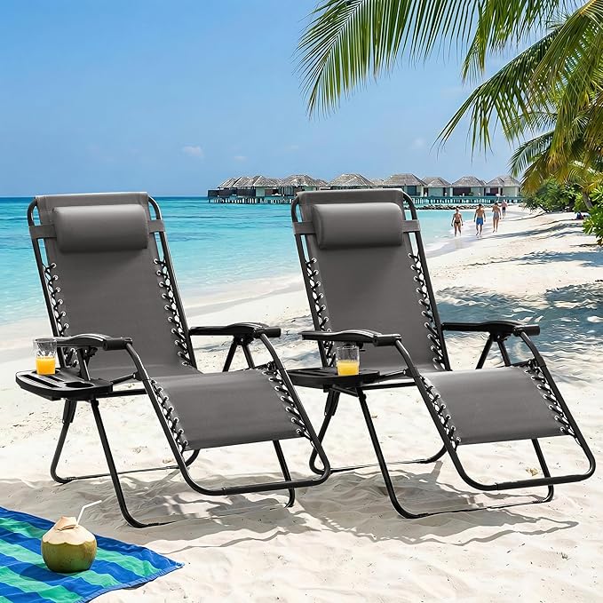 Homall Zero Gravity Chair Patio Folding Lawn Outdoor Lounge Gravity Camp Reclining Lounge Chair with Cup Holder Pillows for Poolside Backyard and Beach Set of 4 (Grey)