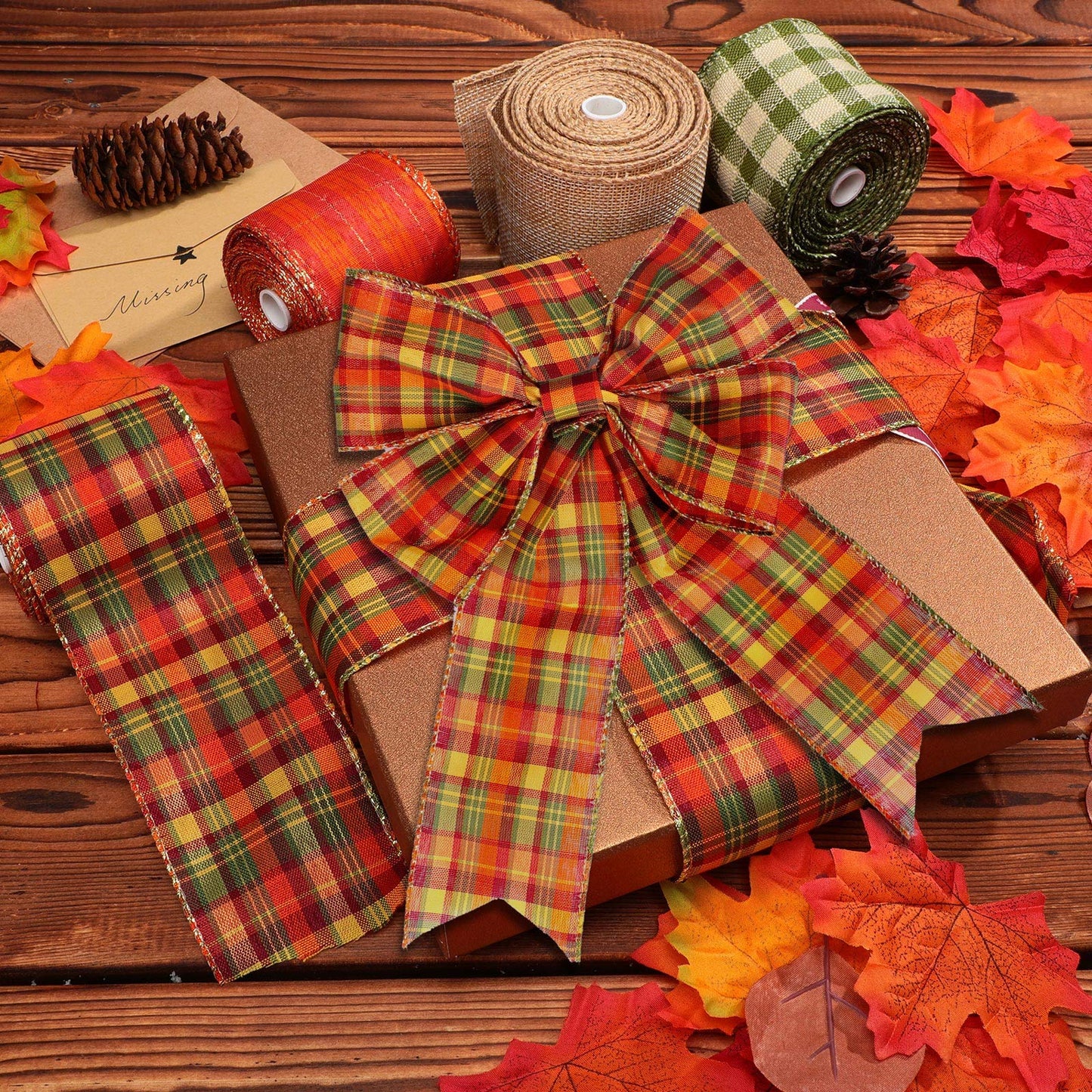 Syhood 4 Rolls Fall Ribbons 2.5″ Thanksgiving Plaid Burlap Wired Edge Ribbons for Autumn Gifts Wrapping DIY Crafts Floral Bows Wreath Making Supplies Decoration, 24 Yards in Total, 4 Styles